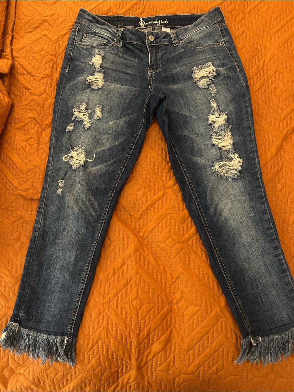 Soundgirl Distressed Dark Blue Cropped Jeans with Frayed Ankles